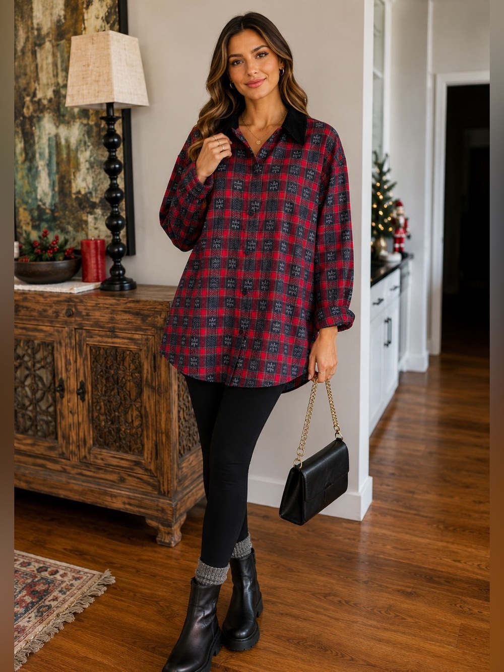 Vintage Basic Editions Holiday Snowflake Red Flannel Long Sleeve Shirt cotton